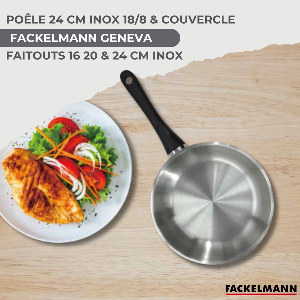 Set de 1 poêle 24 cm inox, couvercle verre, 3 faitouts inox 16, 20 et 24 cm et 6 ustensiles inox  Geneva Fackelmann - Mathon - 2