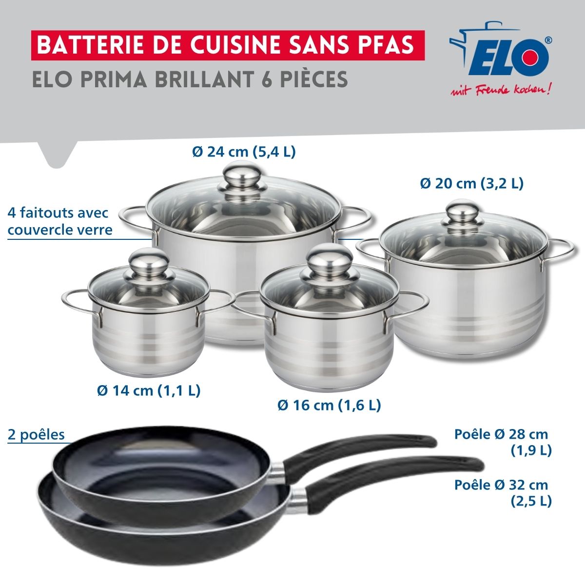 Ensemble de 2 Poêles de cuisson 28 et 32 cm et 4 faitouts 14, 16, 20 et 24 cm  Prima Brillant Elo - Mathon - 2