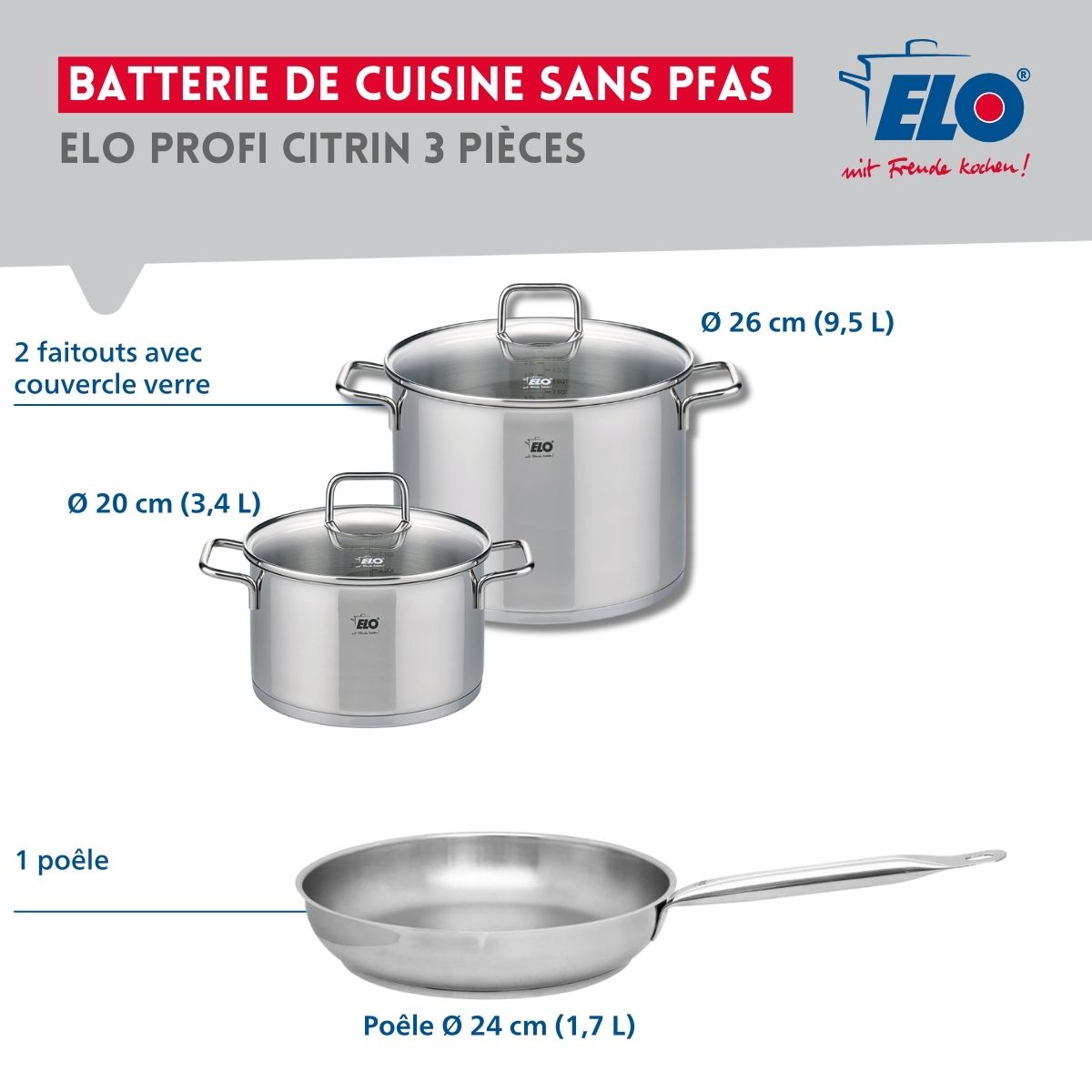Ensemble de 1 Poêle de cuisson 24 cm et 2 faitouts 20 et 26 cm  Profi Citrin Elo - Mathon - 2