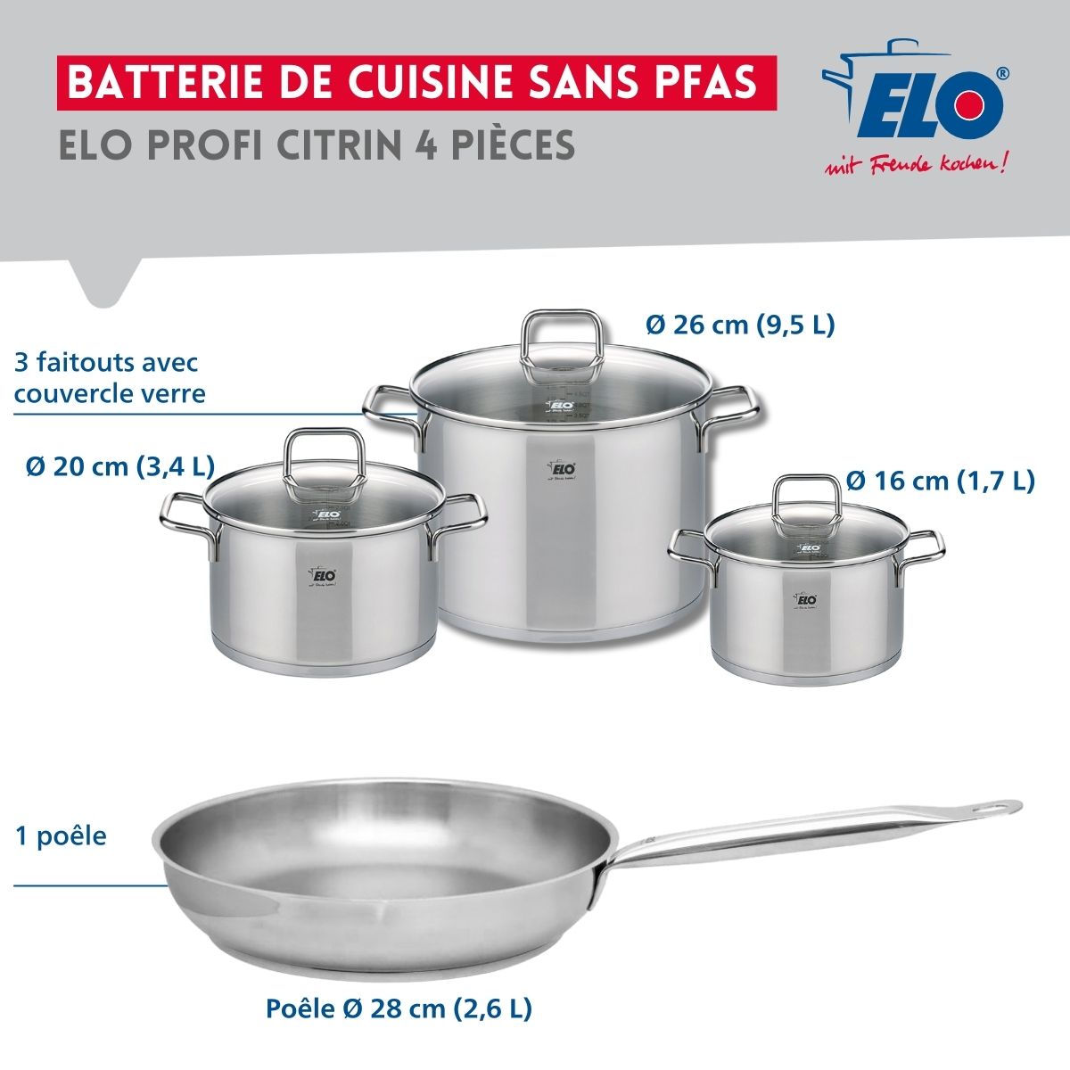 Ensemble de 1 Poêle de cuisson 28 cm et 3 faitouts 16, 20 et 26 cm  Profi Citrin Elo - Mathon - 2