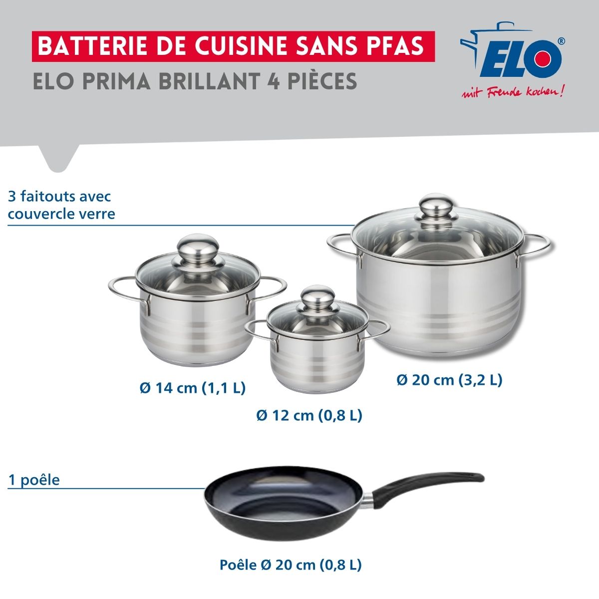 Ensemble de 1 Poêle de cuisson 20 cm et 3 faitouts 12, 14 et 20 cm  Prima Brillant Elo - Mathon - 2
