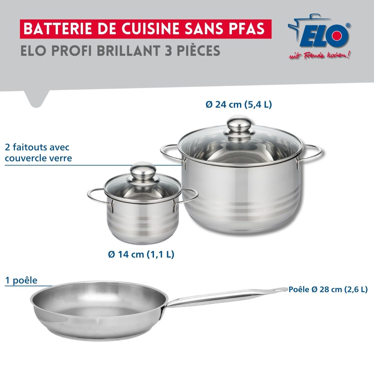 Ensemble de 1 Poêle de cuisson 28 cm et 2 faitouts 14 et 24 cm  Profi Brillant Elo - Mathon - 2
