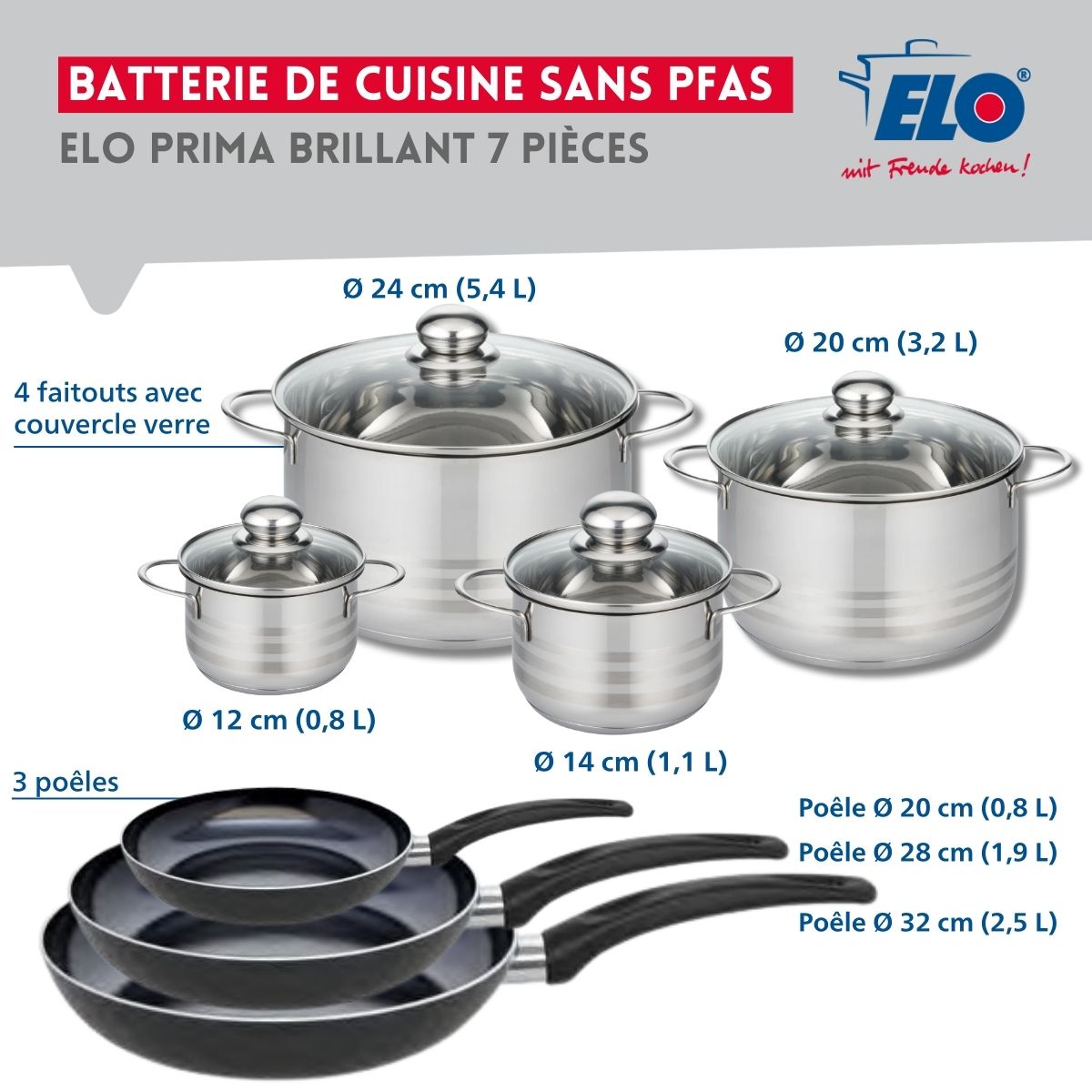 Ensemble de 3 Poêles de cuisson 20, 28 et 32 cm et 4 faitouts 12, 14, 20 et 24 cm  Prima Brillant Elo - Mathon - 2