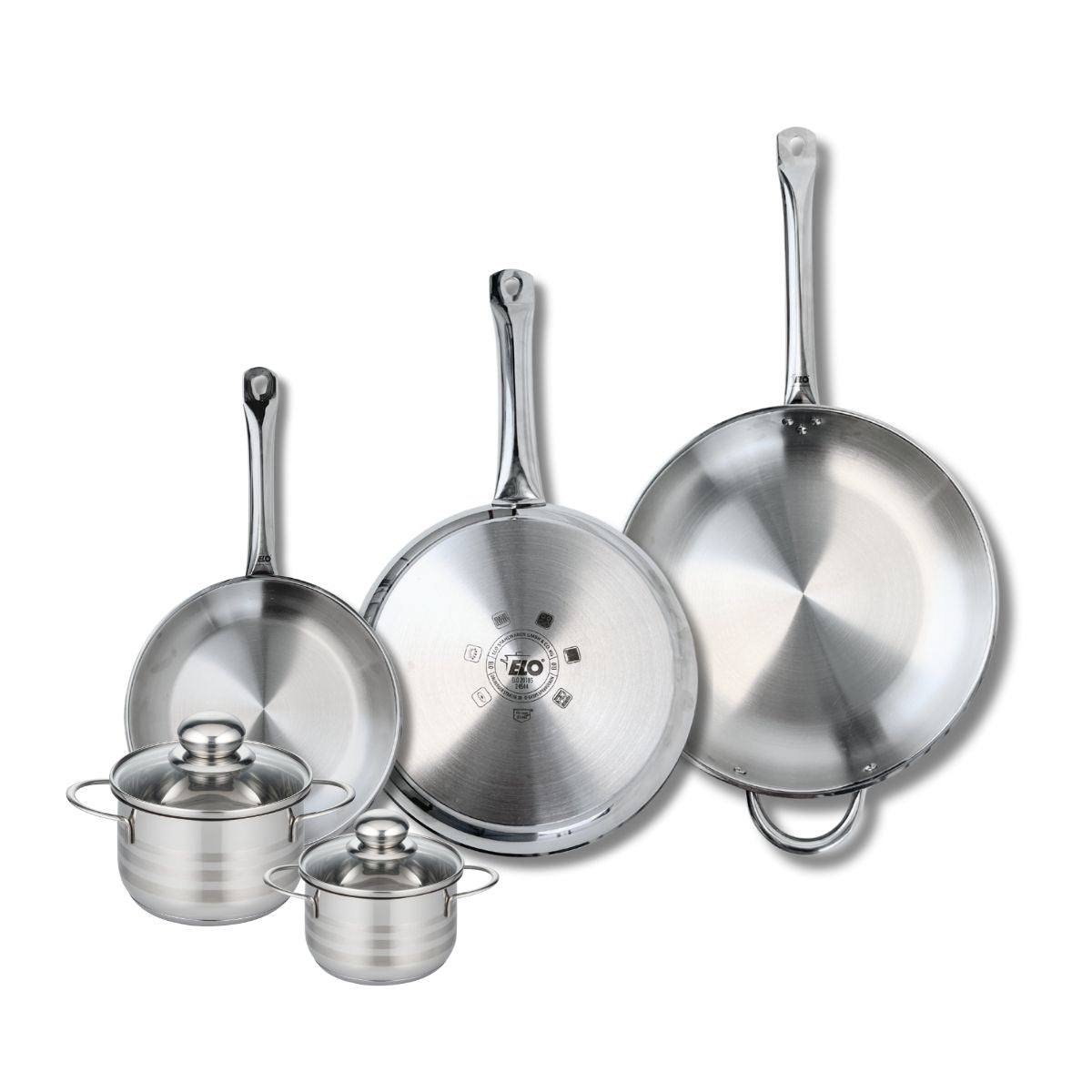 Ensemble de 3 Poêles de cuisson 24, 28 et 32 cm et 2 faitouts 12 et 14 cm  Profi Brillant Elo - Mathon - 1