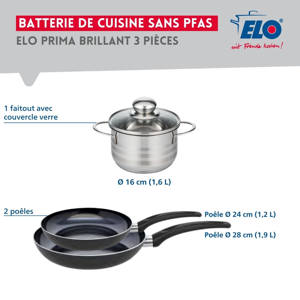 Ensemble de 2 Poêles de cuisson 24 et 28 cm et 1 faitout 16 cm  Prima Brillant Elo - Mathon - 2