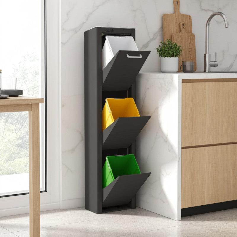 Poubelle cuisine de tri sélectif CUBEK, 3 compartiments de 20 litres, Noir Don Hierro - Mathon - 2