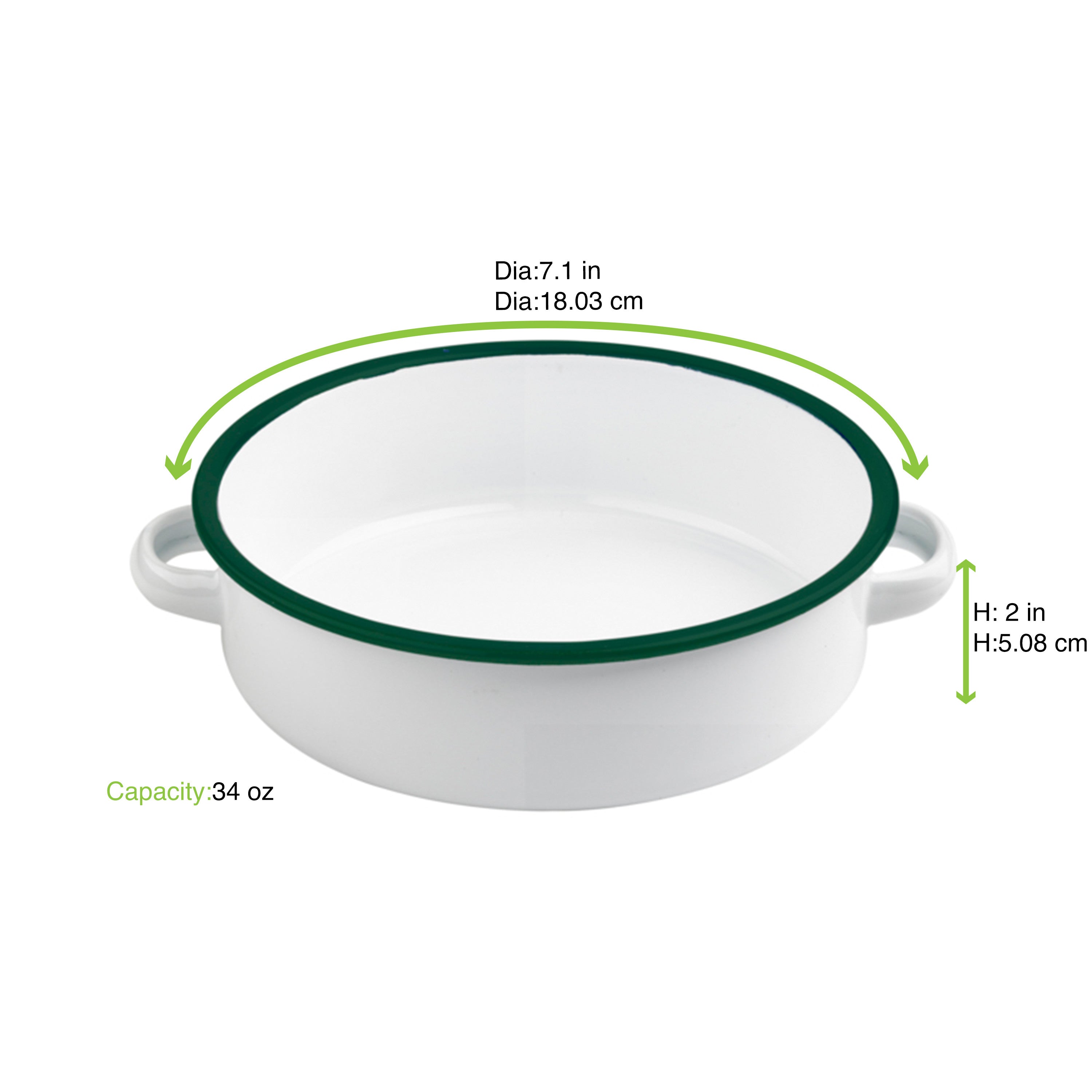 12Pcs - Plat rond avec anses blanc en acier émaillé à bord vert   H50mm 1000ml FirstPack - Mathon