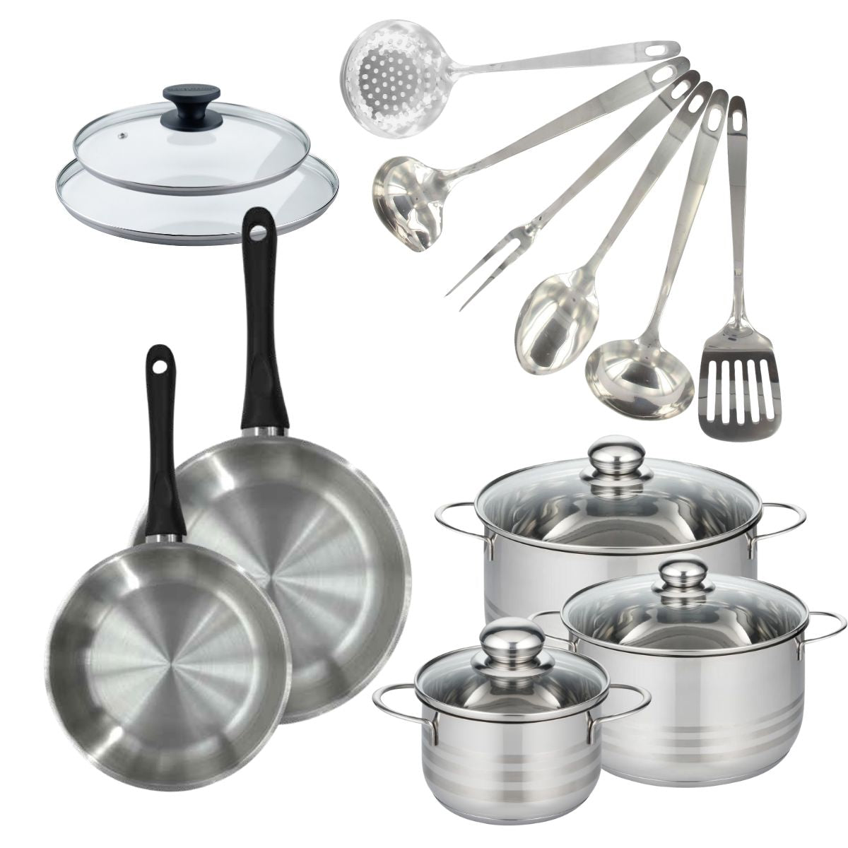 Set de 2 poêles 20, 24 cm inox, couvercles verre, 3 faitouts inox 16, 20 et 24 cm et 6 ustensiles Oxford inox  Geneva Fackelmann - Mathon - 1