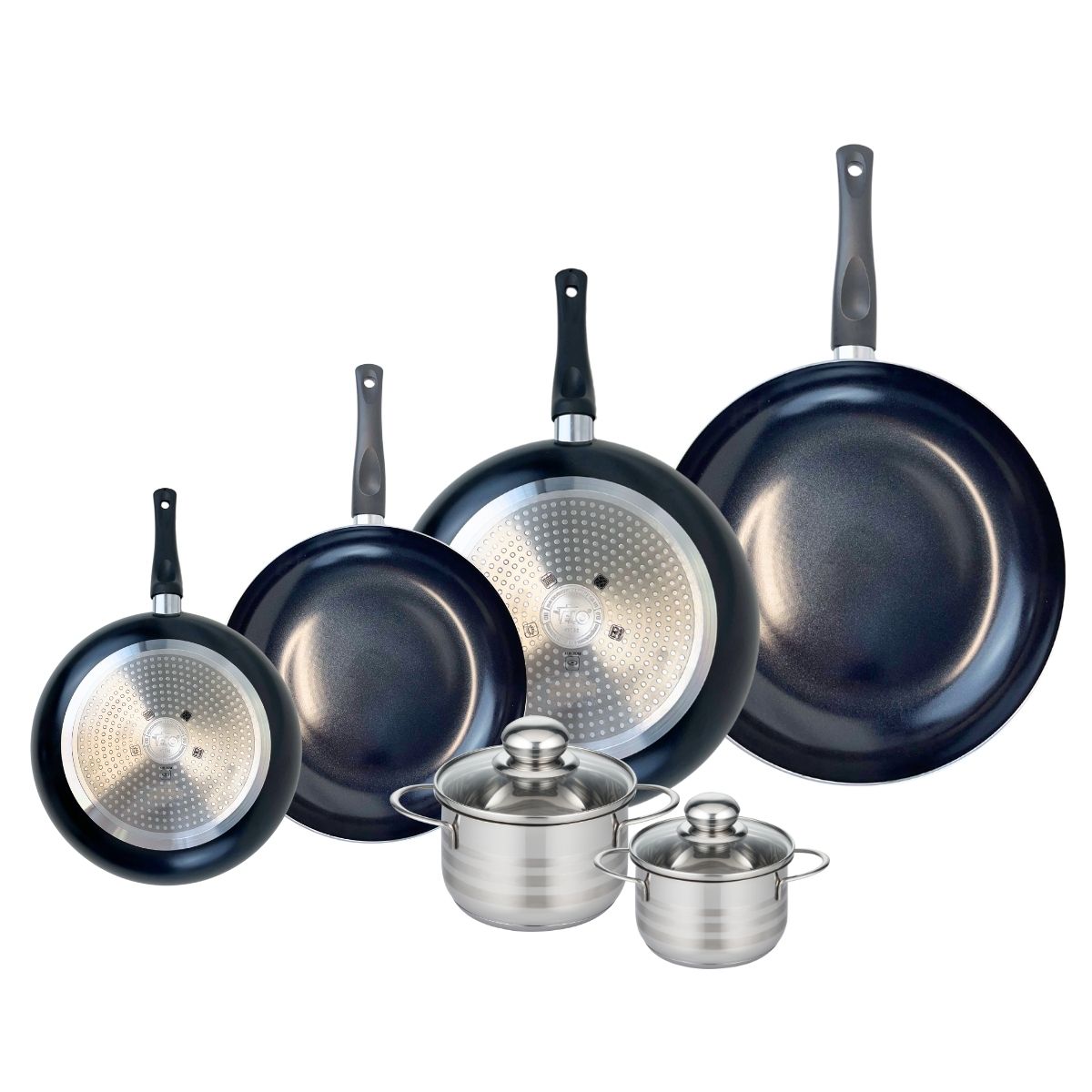 Ensemble de 4 Poêles de cuisson 20, 24, 28 et 32 cm et 2 faitouts 12 et 14 cm  Prima Brillant Elo - Mathon - 1
