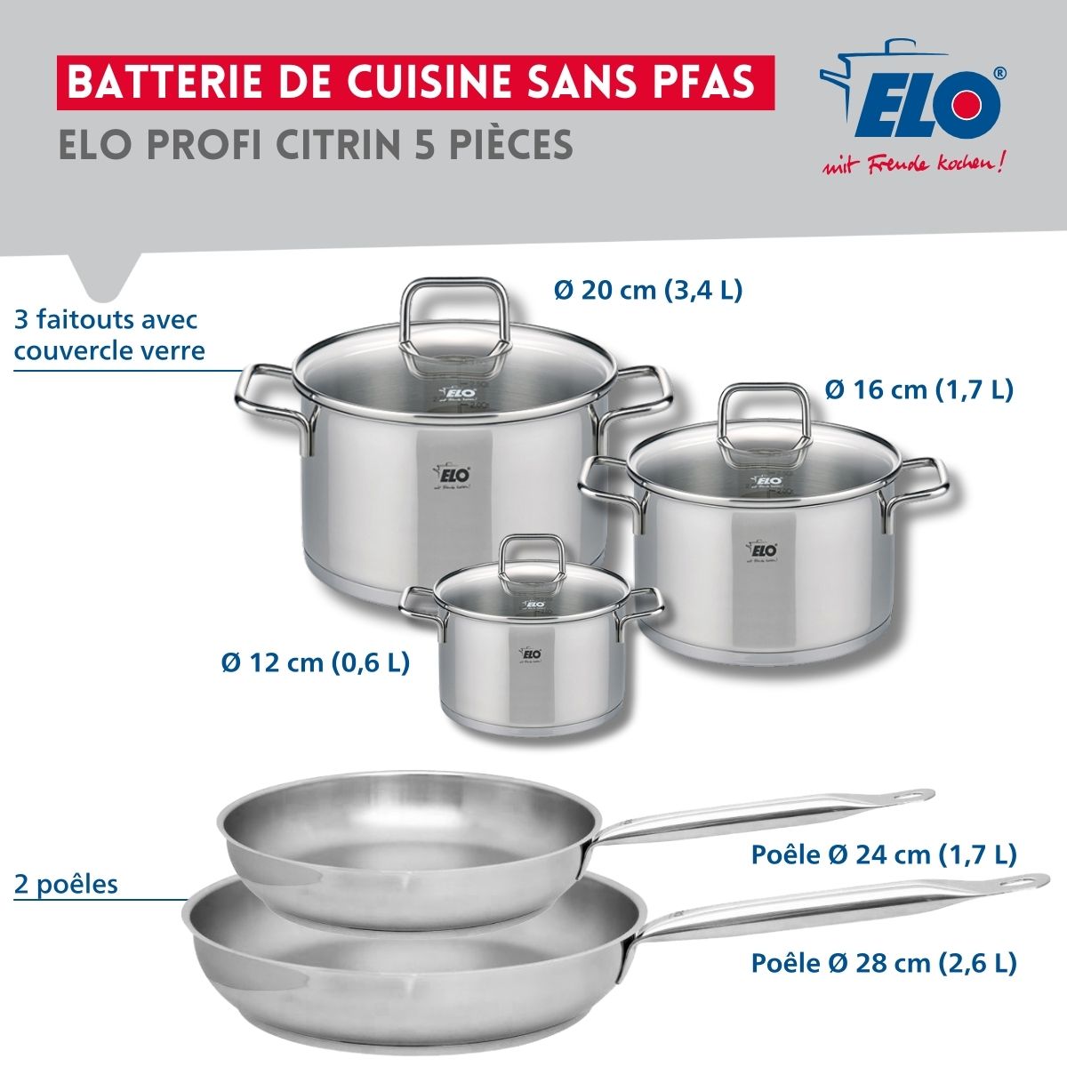 Set de 2 Poêles de cuisson 24 et 28 cm et 3 faitouts 12, 16 et 20 cm  Profi Citrin Elo - Mathon - 2
