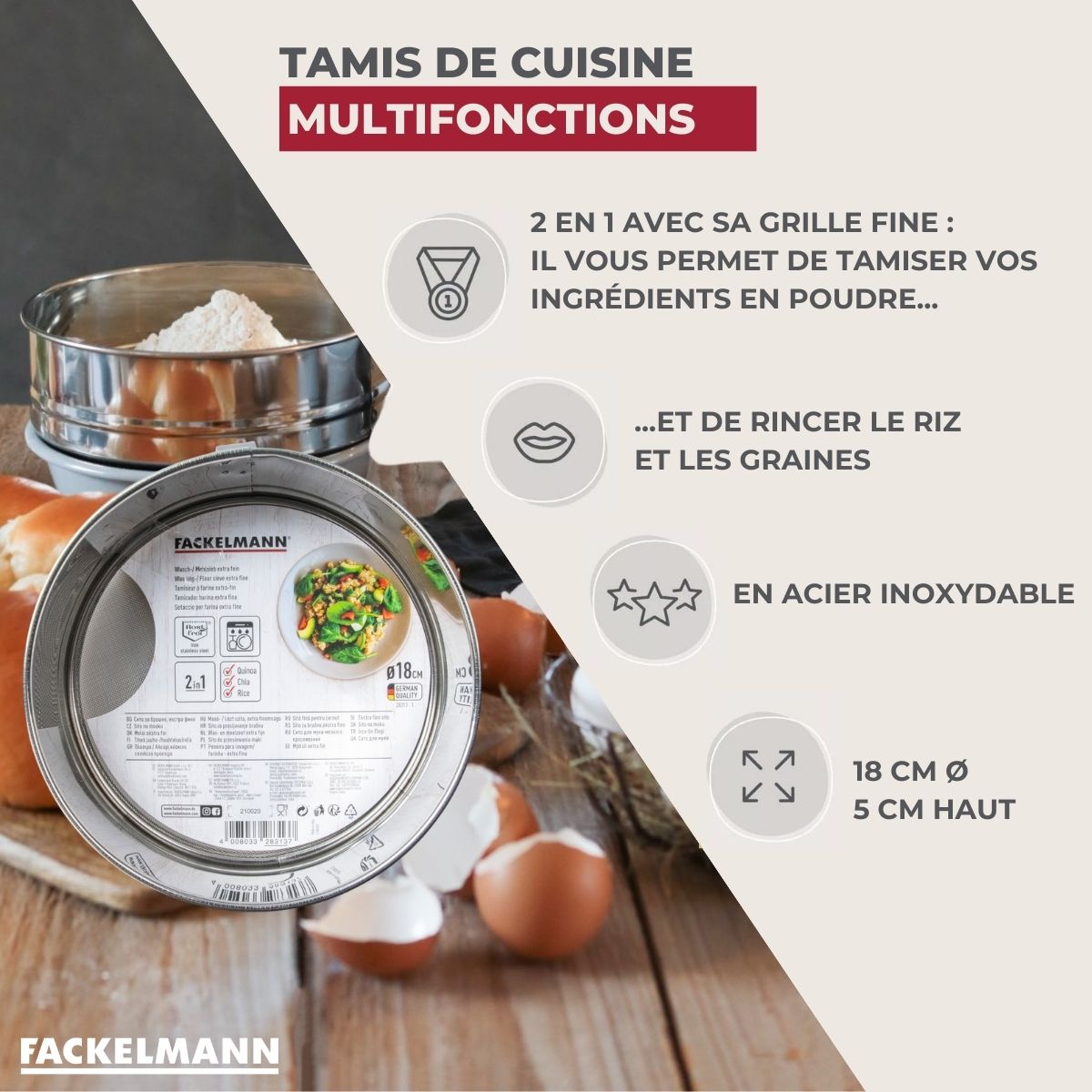 Ensemble de 2 Tamis de cuisine inox extra fin 18 cm de diamètre  Basic Fackelmann - Mathon - 3