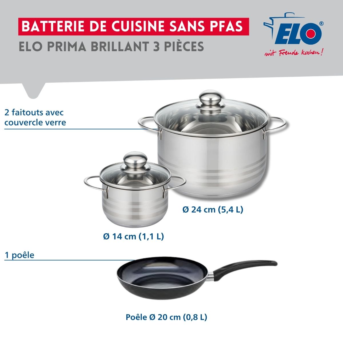 Ensemble de 1 Poêle de cuisson 20 cm et 2 faitouts 14 et 24 cm  Prima Brillant Elo - Mathon - 2