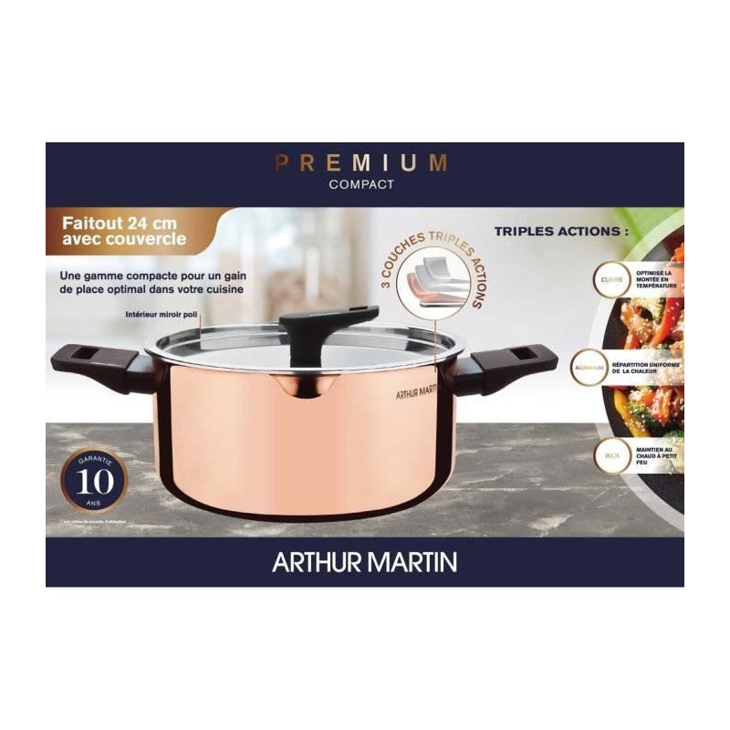 Faitout 24 Cm -   - Am945gt - 3 Couches Triple Action : Cuivre, Aluminium, Inox - Tous Feux Dont Induction Arthur Martin - Mathon - 3