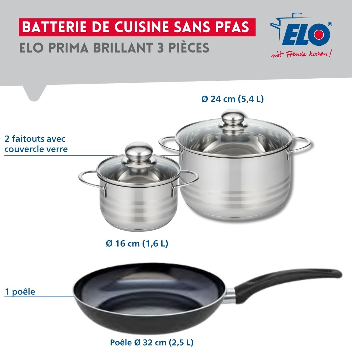 Ensemble de 1 Poêle de cuisson 32 cm et 2 faitouts 16 et 24 cm  Prima Brillant Elo - Mathon - 2