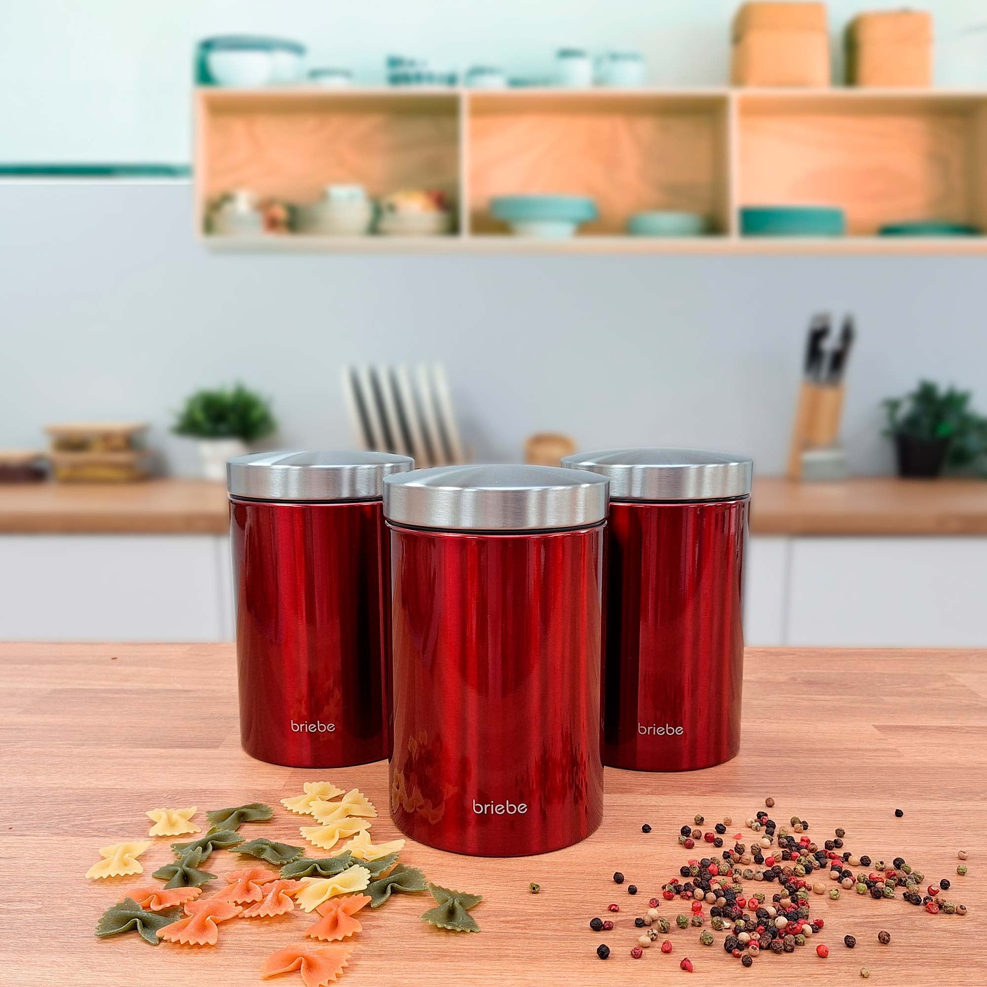 Ensemble Boîte à Pain + 3 Boîtes de Cuisine, Rangement, Acier Inoxydable  Rouge / Acier inoxydable BB1161 - Mathon - 6