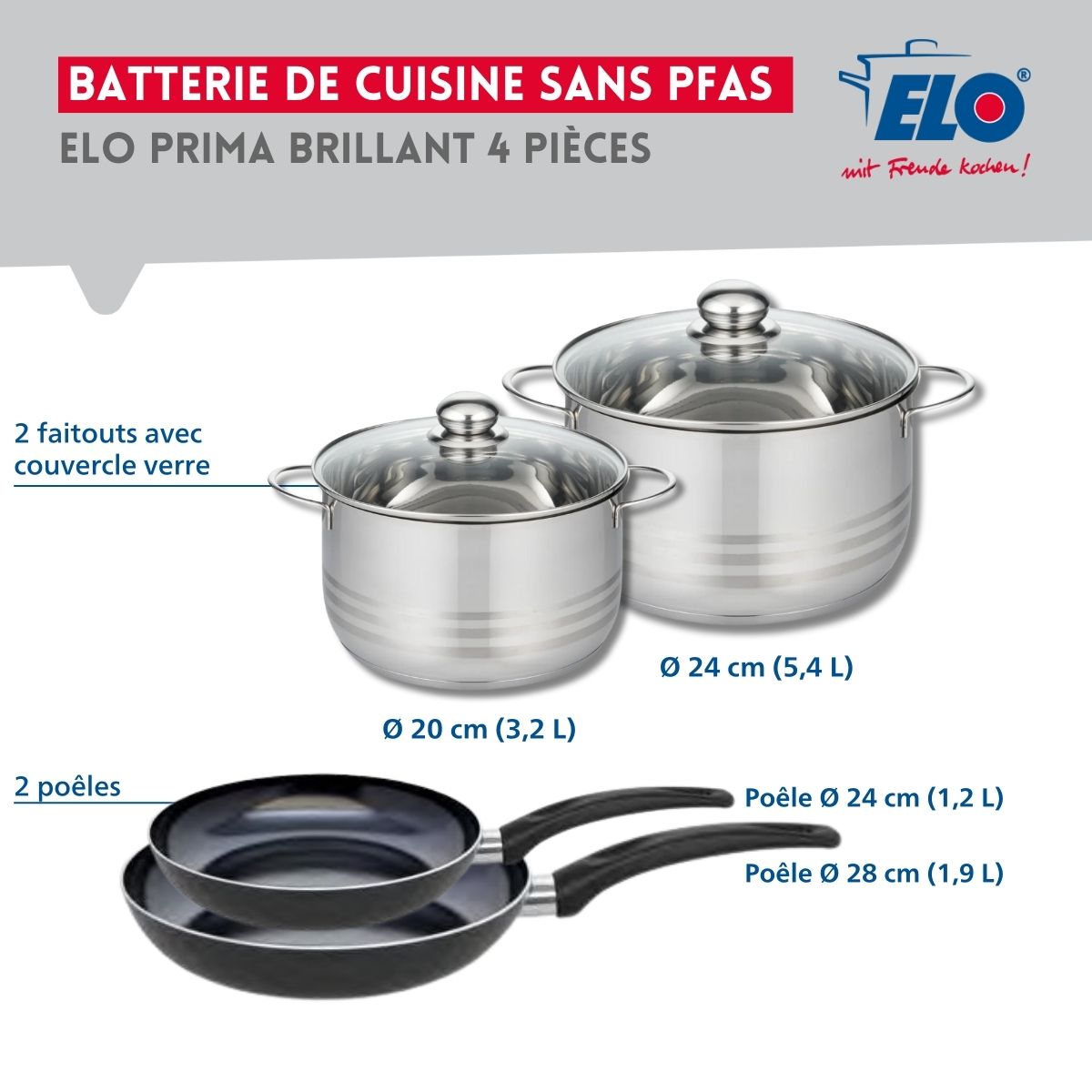 Ensemble de 2 Poêles de cuisson 24 et 28 cm et 2 faitouts 20 et 24 cm  Prima Brillant Elo - Mathon - 2
