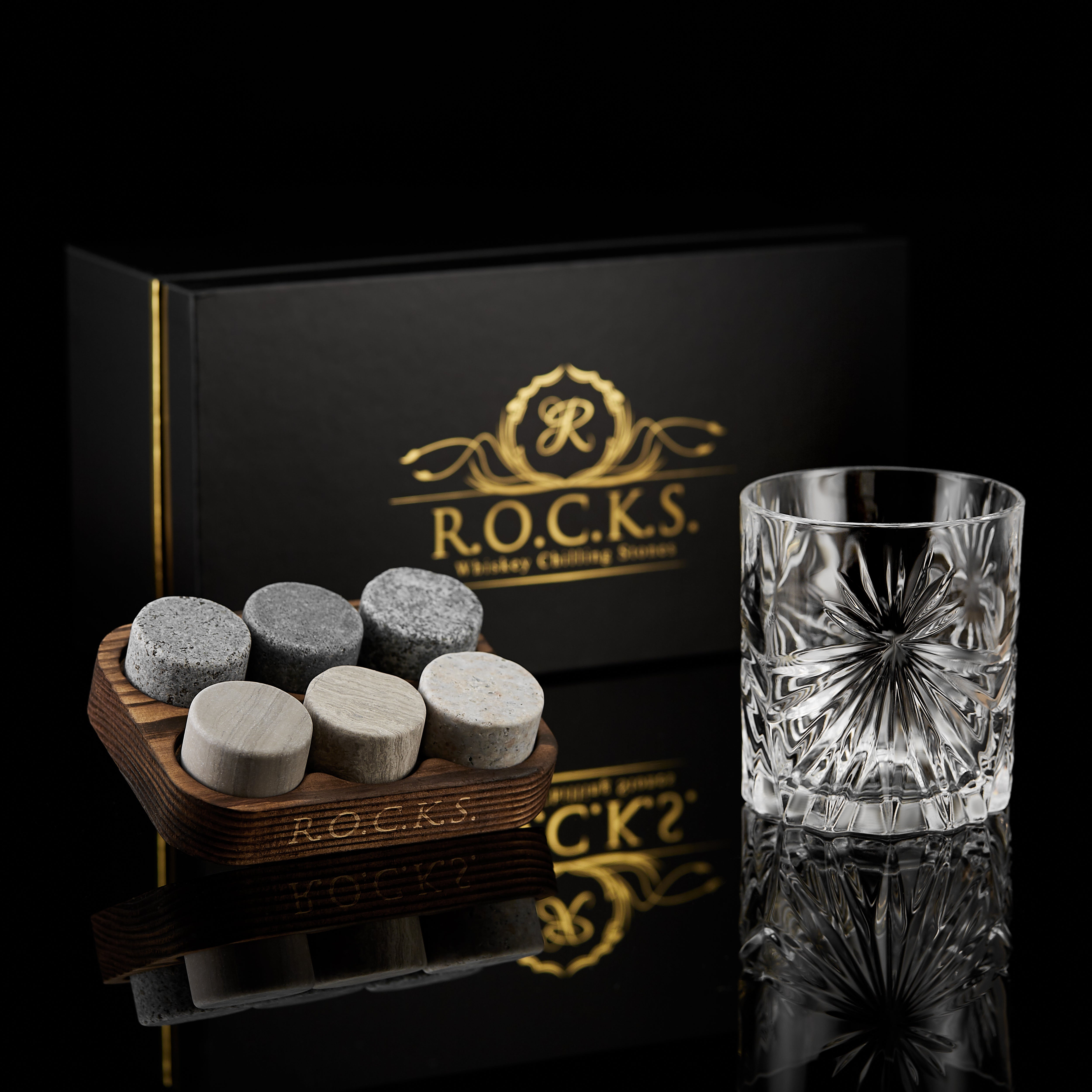 Coffret Pierres à Whisky et Verre Cristal Soleil - 6 Pierres Artisanales Rondes en Granit - Mathon - 2