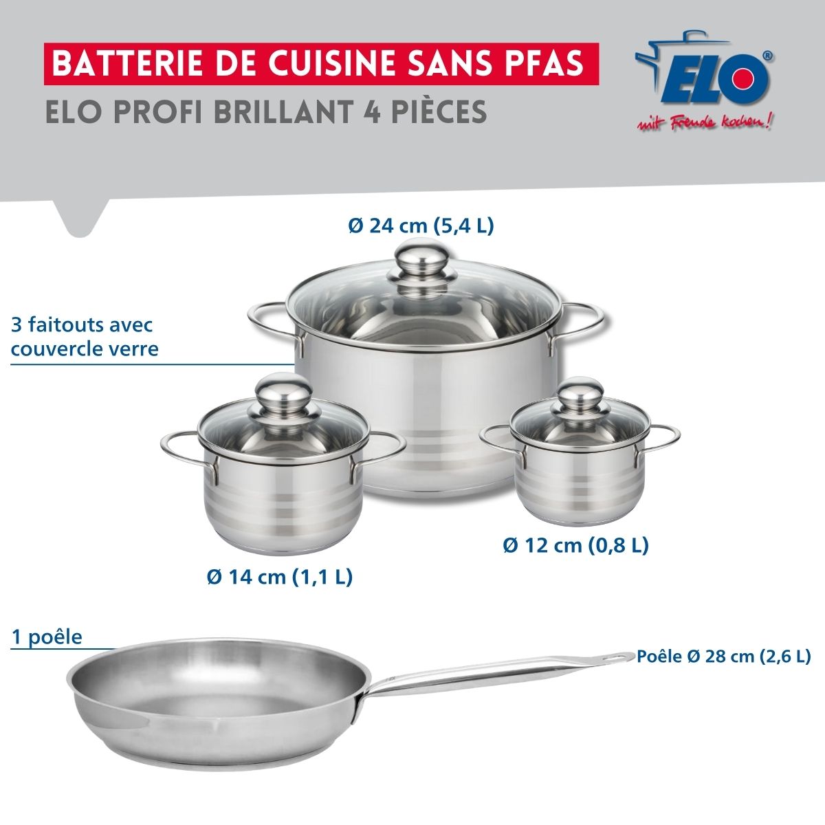 Ensemble de 1 Poêle de cuisson 28 cm et 3 faitouts 12, 14 et 24 cm  Profi Brillant Elo - Mathon - 2