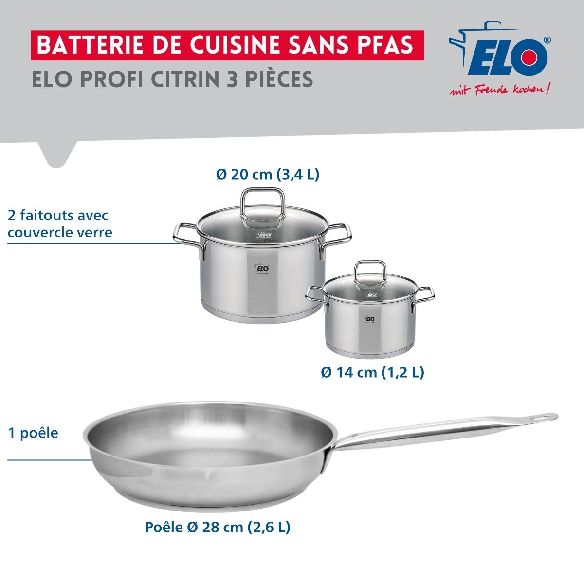 Ensemble de 1 Poêle de cuisson 28 cm et 2 faitouts 14 et 20 cm  Profi Citrin Elo - Mathon - 2