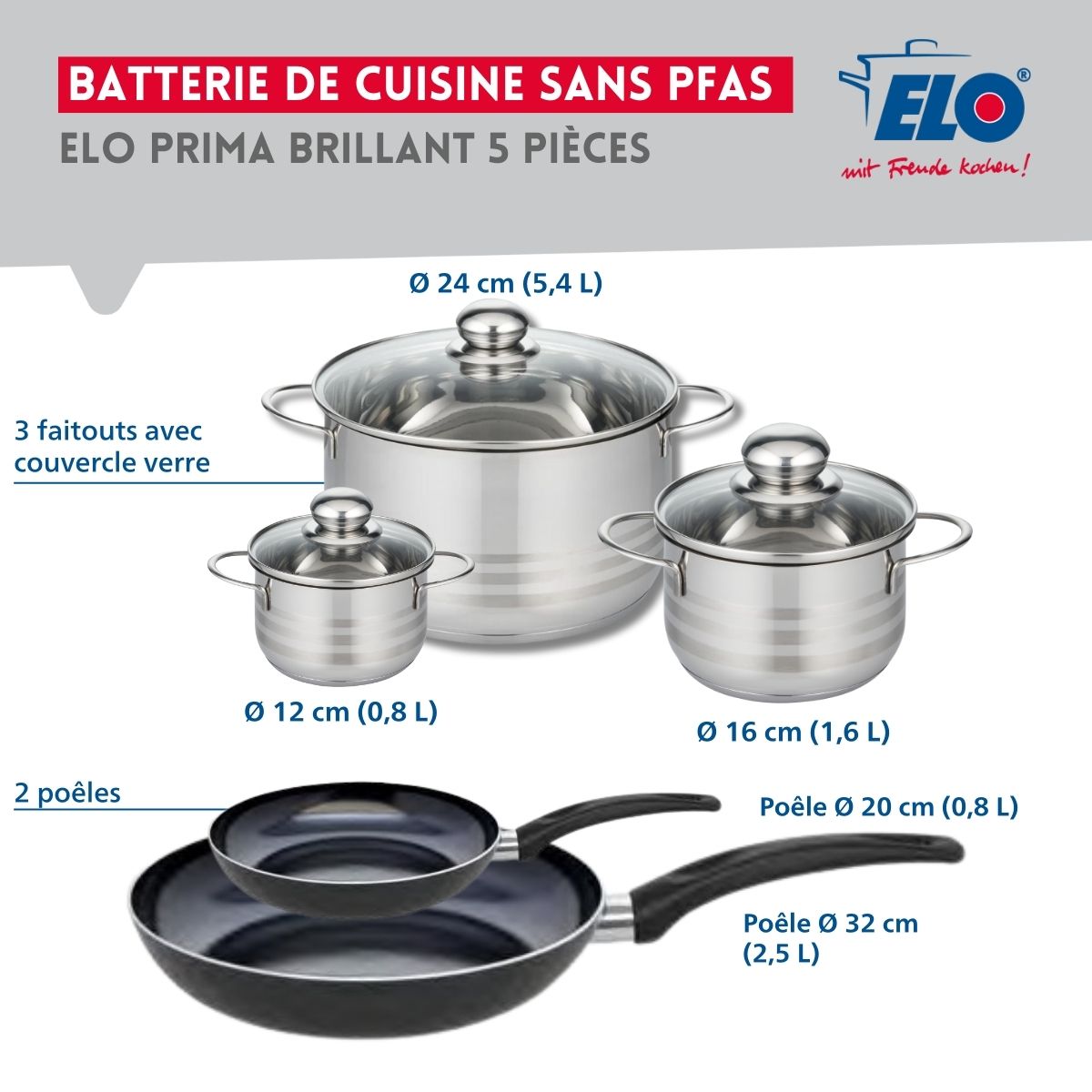 Ensemble de 2 Poêles de cuisson 20 et 32 cm et 3 faitouts 12, 16 et 24 cm  Prima Brillant Elo - Mathon - 2