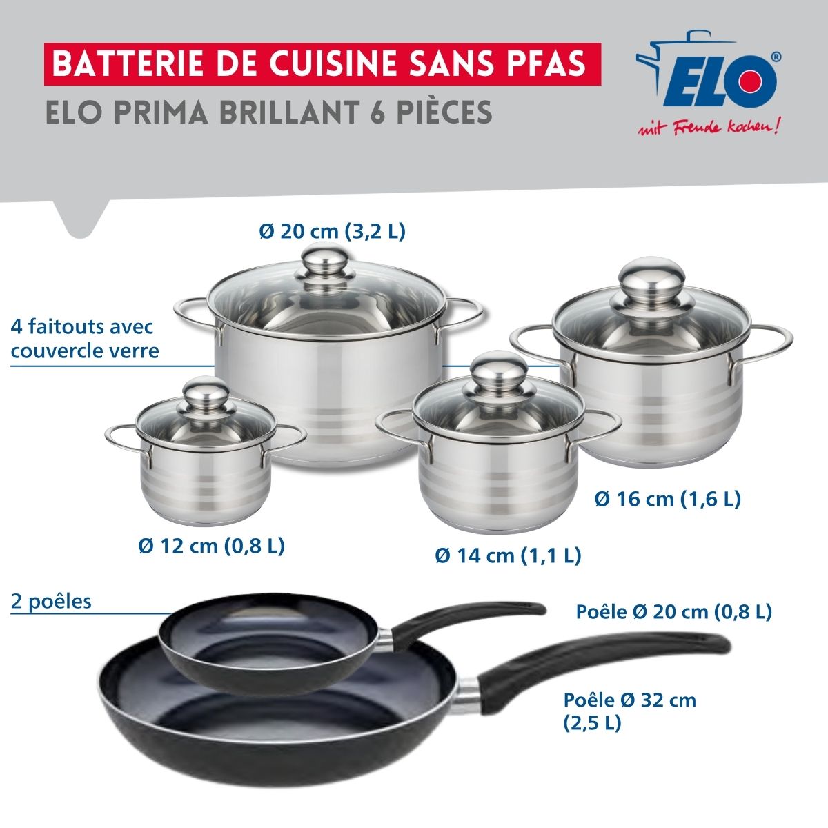 Ensemble de 2 Poêles de cuisson 20 et 32 cm et 4 faitouts 12, 14, 16 et 20 cm  Prima Brillant Elo - Mathon - 2