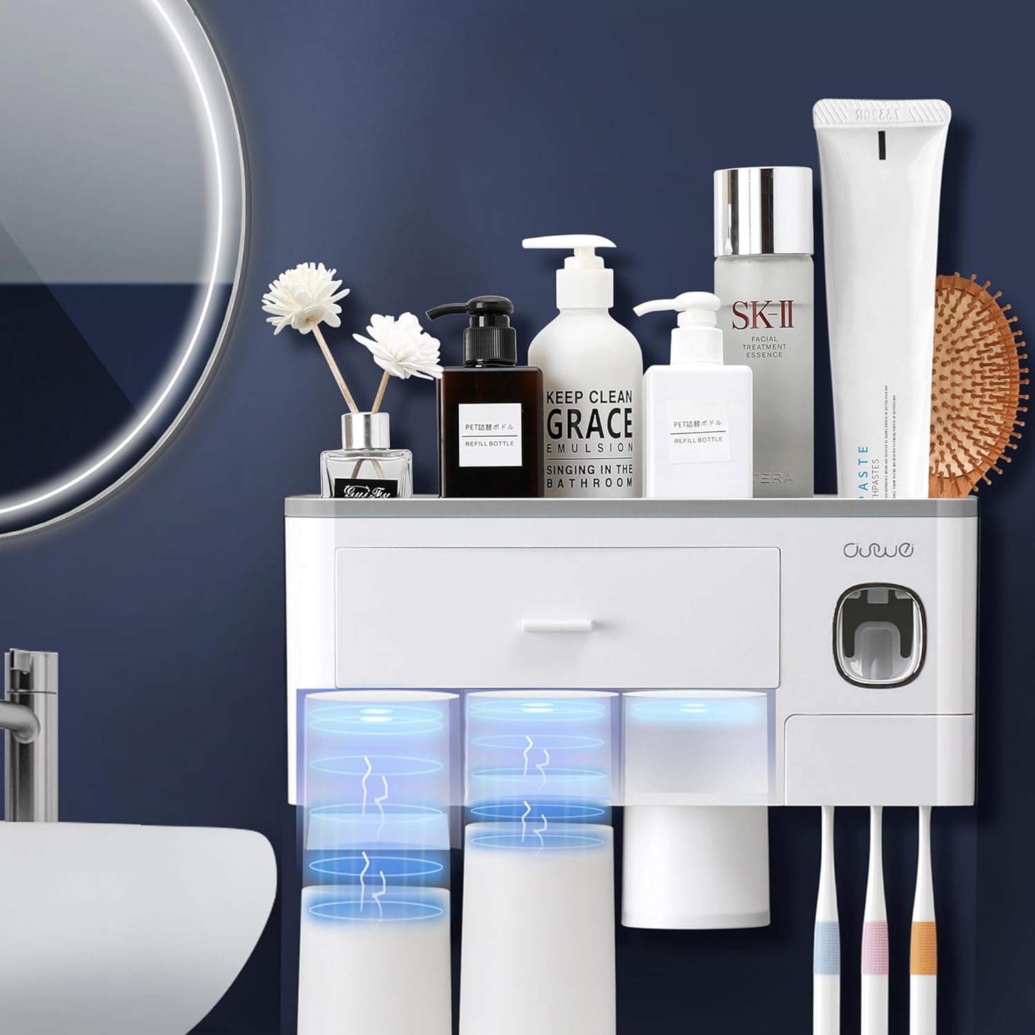 Porte Brosse à Dents Mural avec 6 Fentes pour Brosse à Dents et 3 Gobelets Magnétiques blanc Vendos85 - Mathon