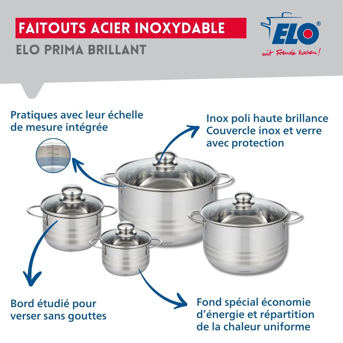 Ensemble de 2 Poêles de cuisson 24 et 28 cm et 4 faitouts 12, 14, 20 et 24 cm  Profi Brillant Elo - Mathon - 3