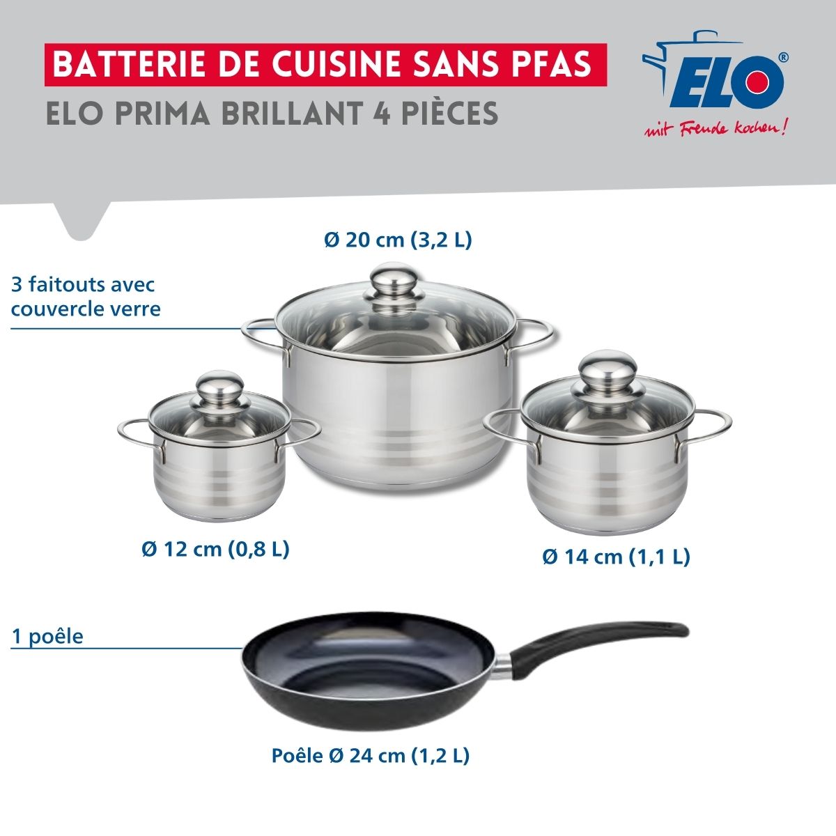 Ensemble de 1 Poêle de cuisson 24 cm et 3 faitouts 12, 14 et 20 cm  Prima Brillant Elo - Mathon - 2