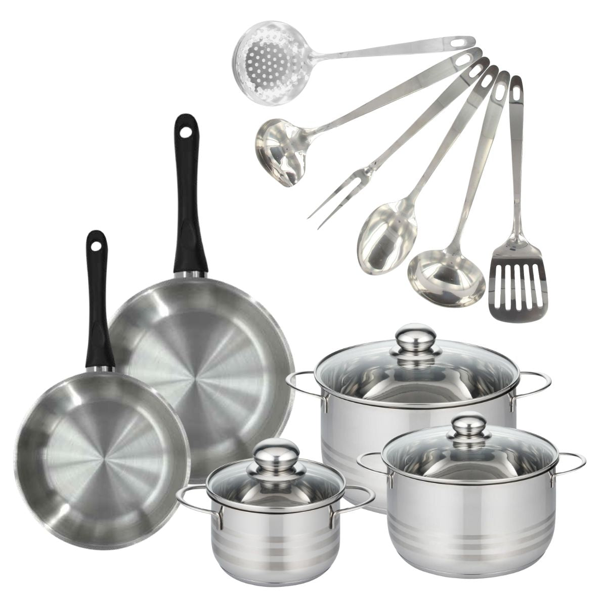 Set 2 poêles 20 24 cm, 3 faitouts 16, 20 et 24 cm en inox et 6 ustensiles inox  Geneva Fackelmann - Mathon - 1