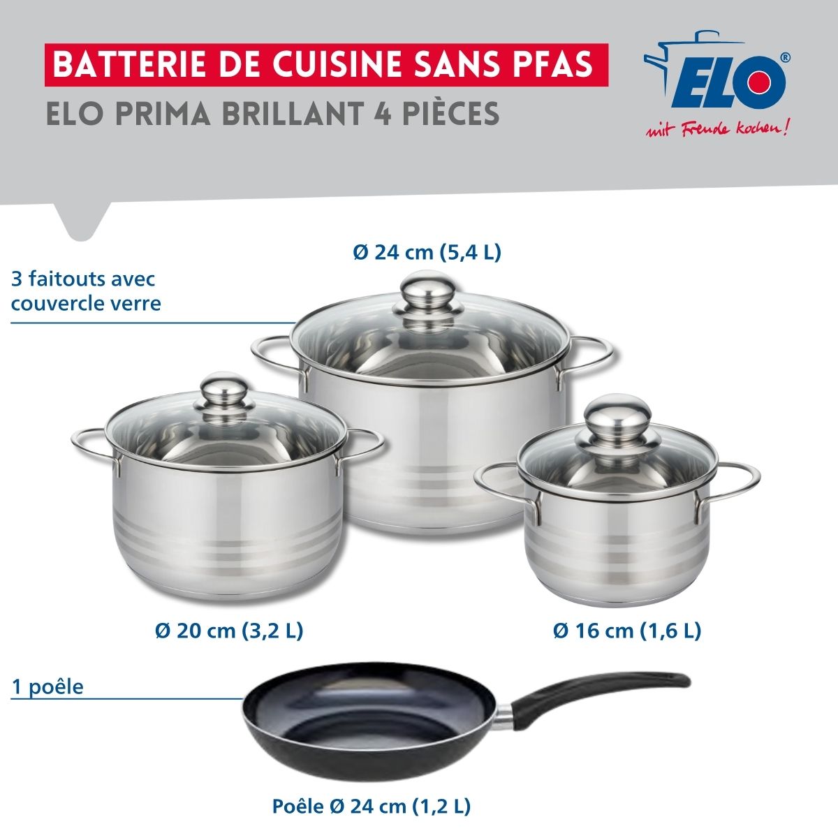 Ensemble de 1 Poêle de cuisson 24 cm et 3 faitouts 16, 20 et 24 cm  Prima Brillant Elo - Mathon - 2