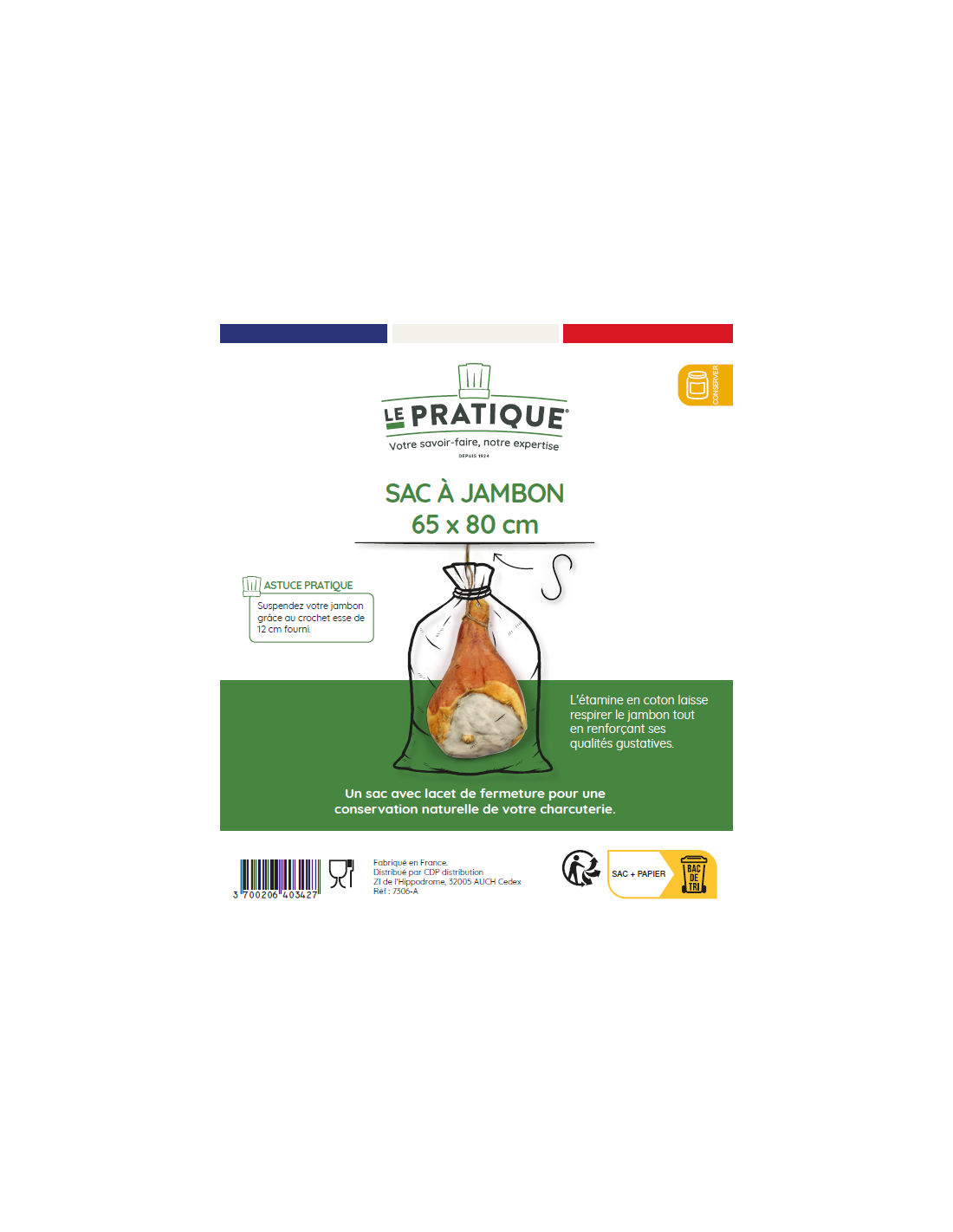 10 Sac A Jambon + Crochet S 120 Mm Etamine Coton écru 65 X 80 Cm Le Pratique - Mathon