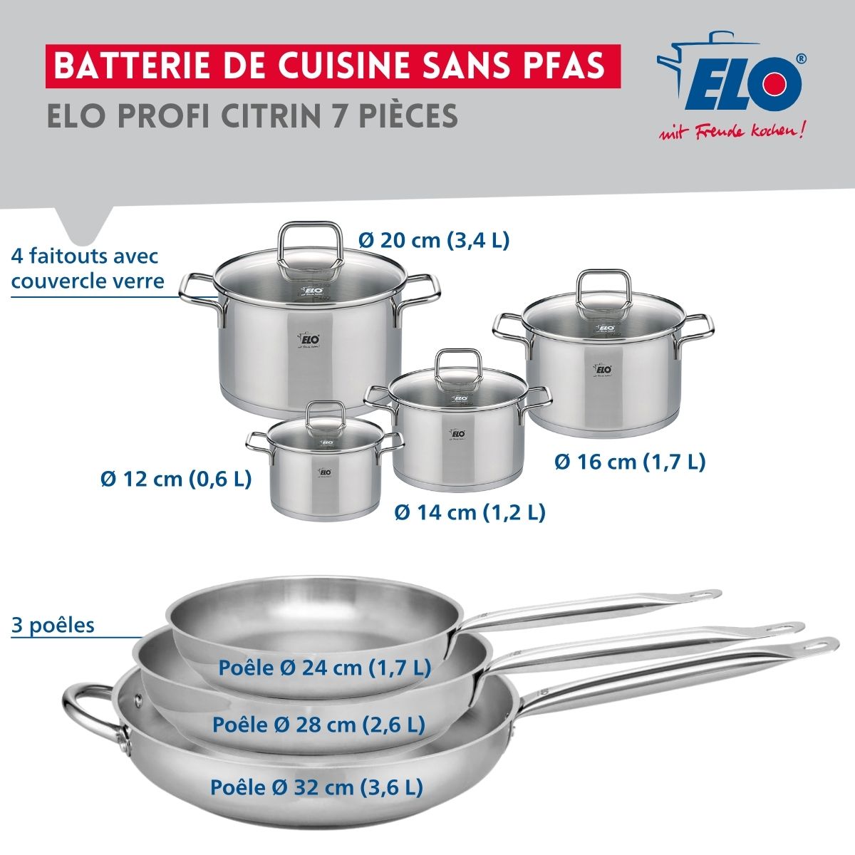 Ensemble de 3 Poêles de cuisson 24, 28 et 32 cm et 4 faitouts 12, 14, 16 et 20 cm  Profi Citrin Elo - Mathon - 2