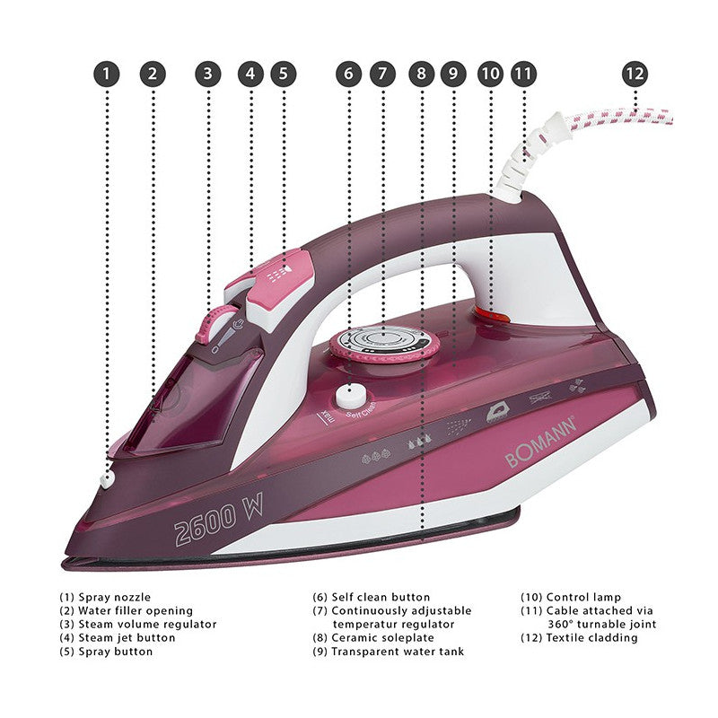 Fer à repasser à vapeur avec 7 fonctions 2600W Bomann DB 6005 CB Blanc/Rouge Bomann - Mathon - 6