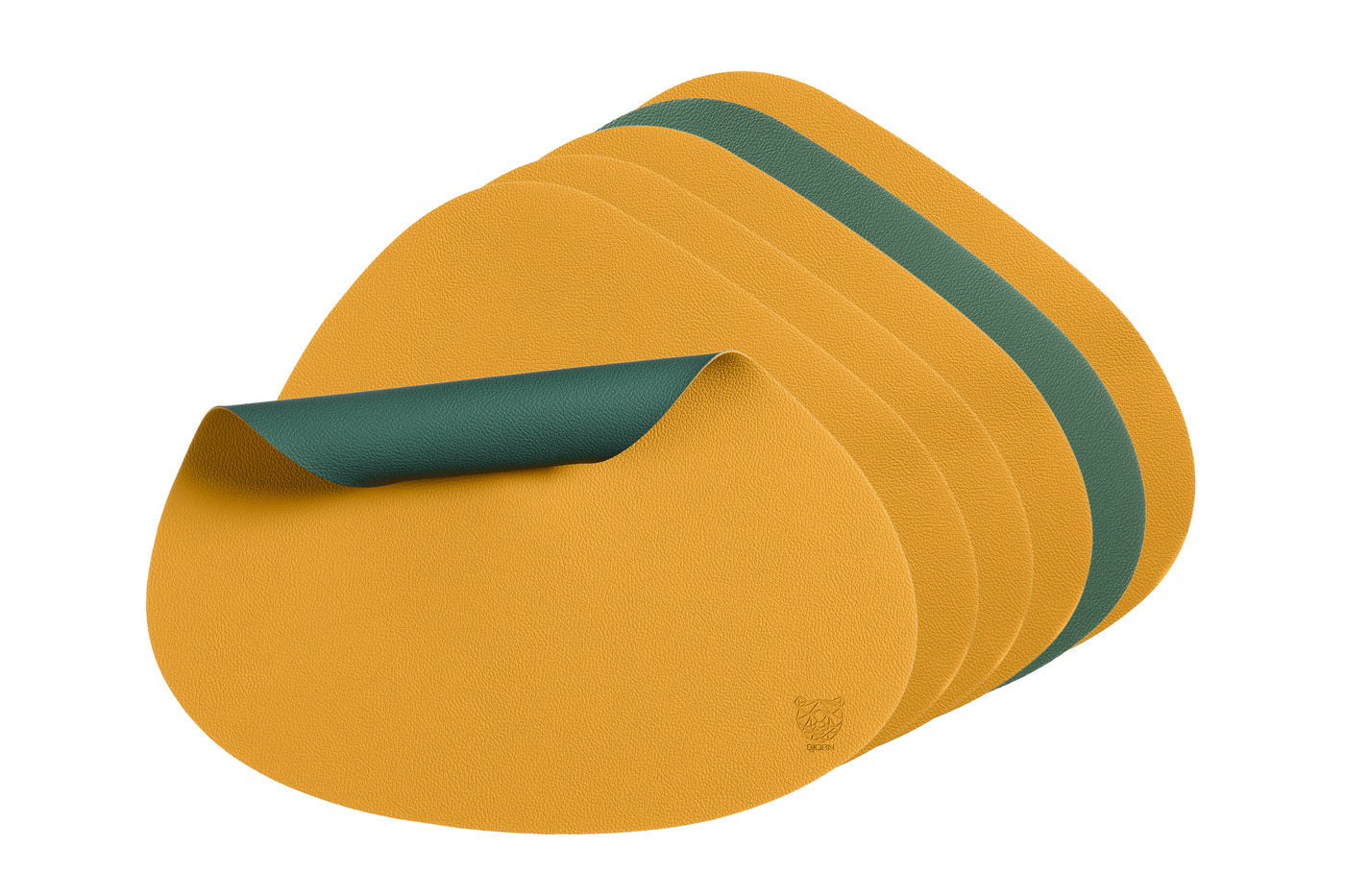 Set de table curve réversible - 6 pièces - Cuir recyclé jaune moutarde et vert sapin Björn - Mathon - 6