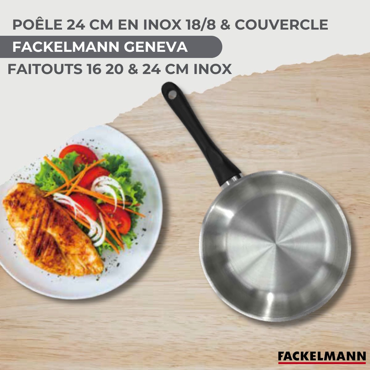 Set de 1 poêle 24 cm en inox et couvercle, 3 faitouts inox 16, 20 et 24 cm  Geneva Fackelmann - Mathon - 2