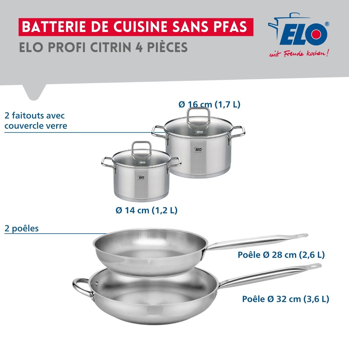 Ensemble de 2 Poêles de cuisson 28 et 32 cm et 2 faitouts 14 et 16 cm  Profi Citrin Elo - Mathon - 2