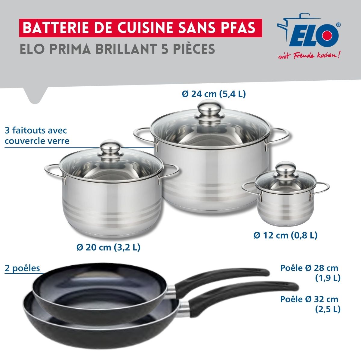 Ensemble de 2 Poêles de cuisson 28 et 32 cm et 3 faitouts 12, 20 et 24 cm  Prima Brillant Elo - Mathon - 2