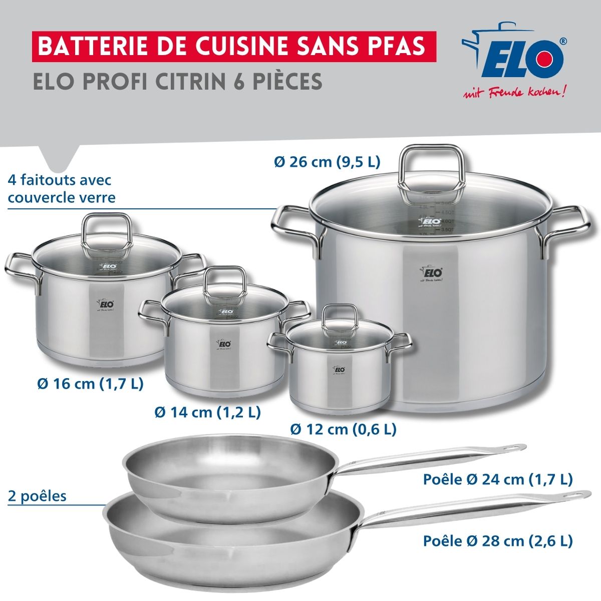 Ensemble de 2 Poêles de cuisson 24 et 28 cm et 4 faitouts 12, 14, 16 et 26 cm  Profi Citrin Elo - Mathon - 2