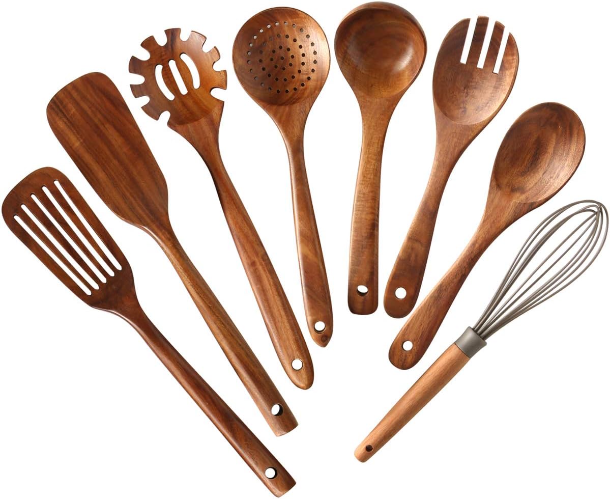 Lot de 8 ustensiles de cuisine en bois de teck naturel avec fouet Vendos85 - Mathon