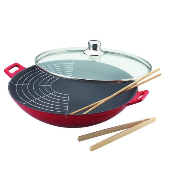 Wok fonte rouge 36 cm avec couvercle en verre Baumalu - Mathon - 2
