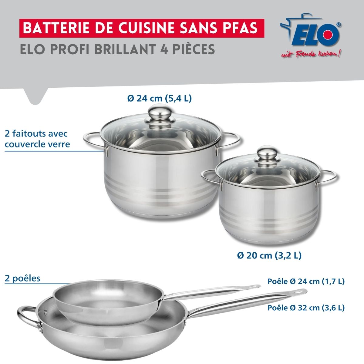 Ensemble de 2 Poêles de cuisson 24 et 32 cm et 2 faitouts 20 et 24 cm  Profi Brillant Elo - Mathon - 2