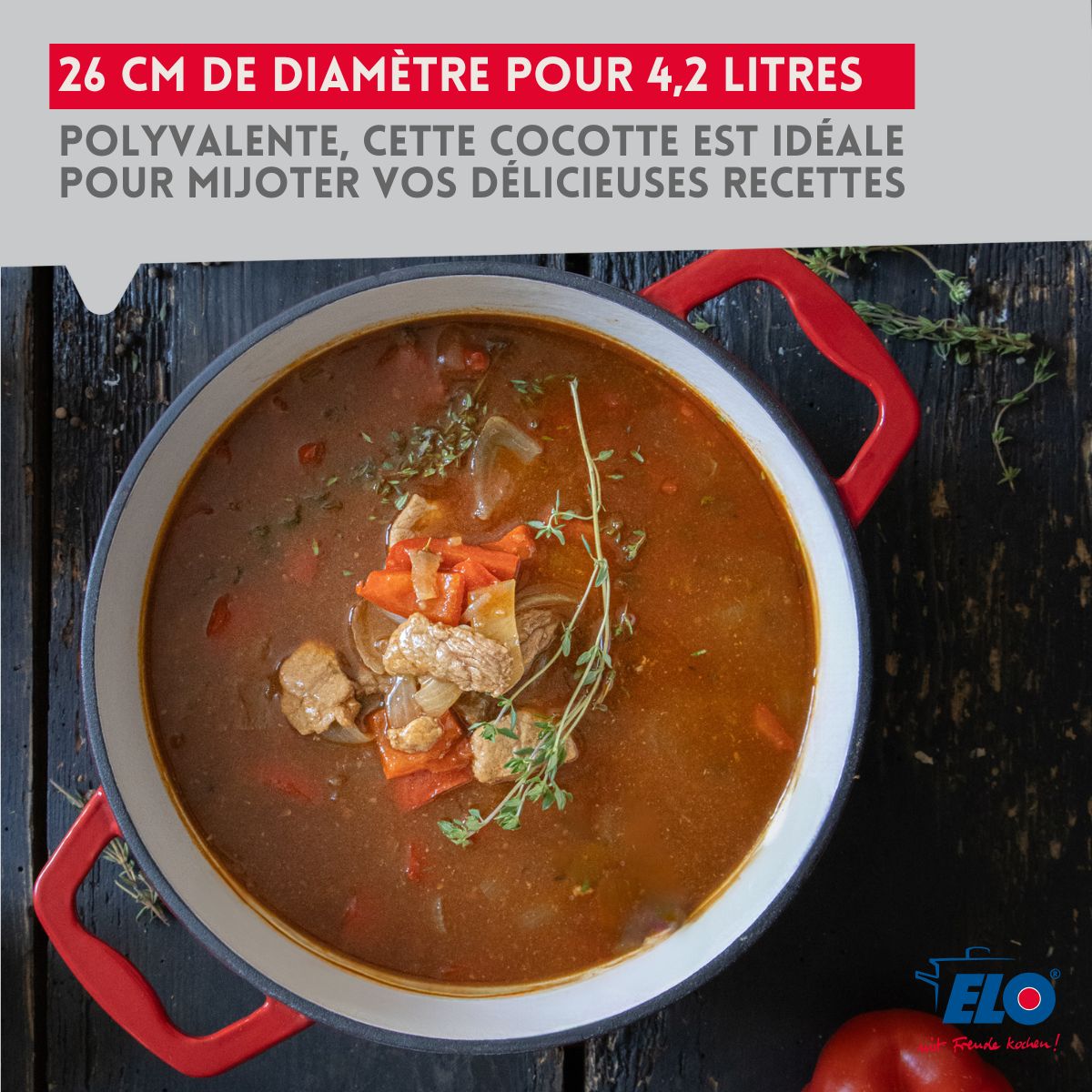Cocotte en fonte émaillée 26 cm rouge cerise 4.5 L Elo - Mathon - 5