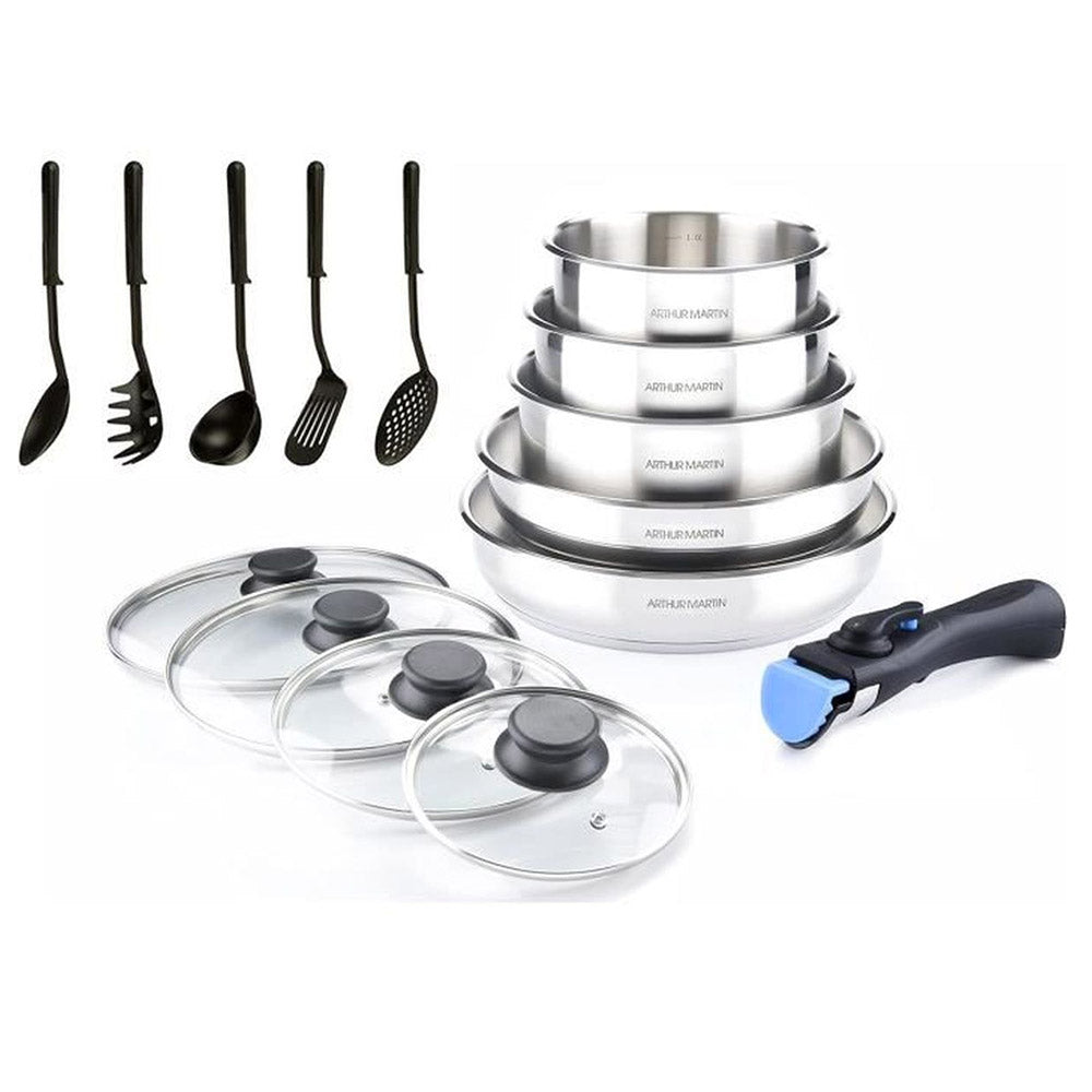 Batterie de Cuisine 15 Pièces Arthur Martin Poêles et Casseroles en Acier Inoxydable avec Accessoires - Mathon - 1