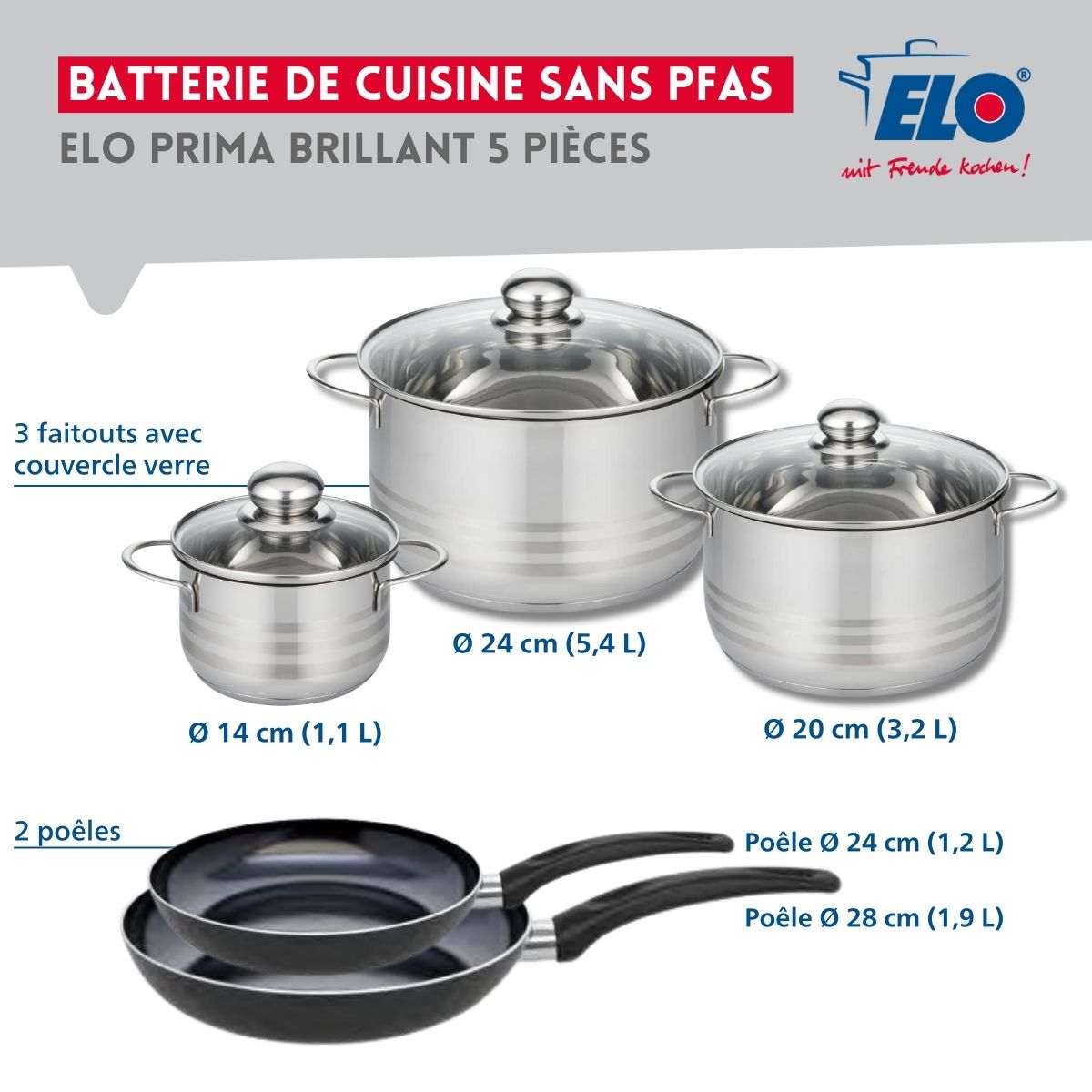 Ensemble de 2 Poêles de cuisson 24 et 28 cm et 3 faitouts 14, 20 et 24 cm  Prima Brillant Elo - Mathon - 2