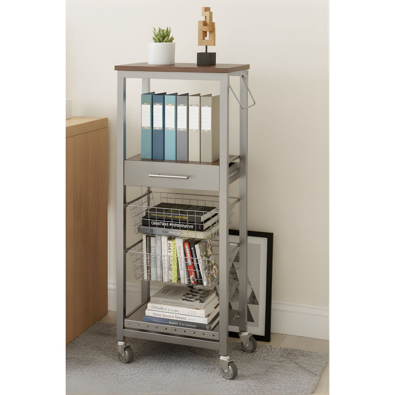 Desserte de cuisine onda alto – meuble métallique finition aluminium avec 2 paniers, tiroir, porte-bouteilles Don Hierro - Mathon - 8