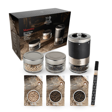 Coffret moulin à poivre Maestro à réservoirs interchangeables et 3 poivres Peugeot - Mathon - 1