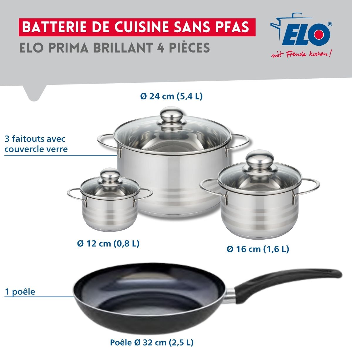 Ensemble de 1 Poêle de cuisson 32 cm et 3 faitouts 12, 16 et 24 cm  Prima Brillant Elo - Mathon - 2