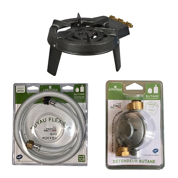 Set réchaud à gaz 3 robinets avec flexible et détendeur butane - Mathon - 1