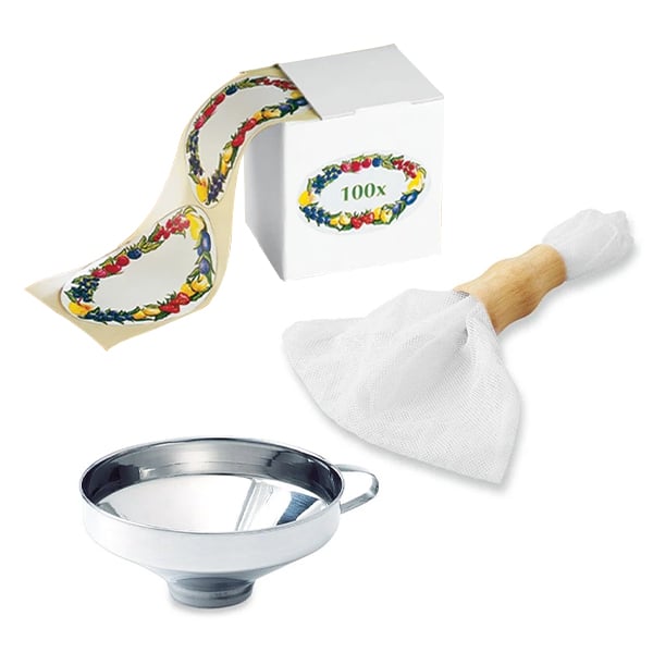 Lot faire son coulis : mousseline à gelée, entonnoir et 100 étiquettes - Mathon - 1