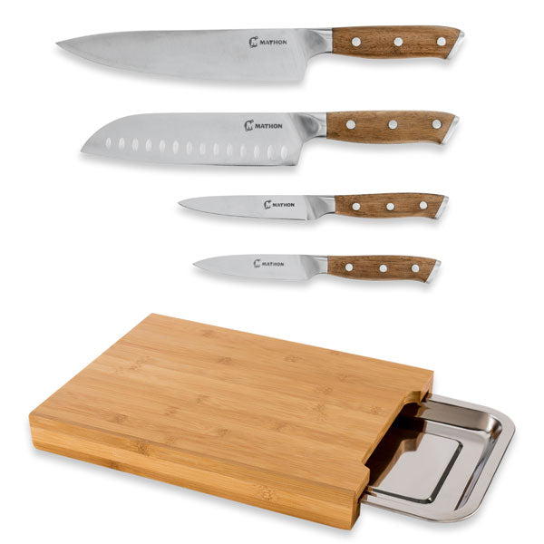 Lot planche à découper bambou et 4 couteaux bois d